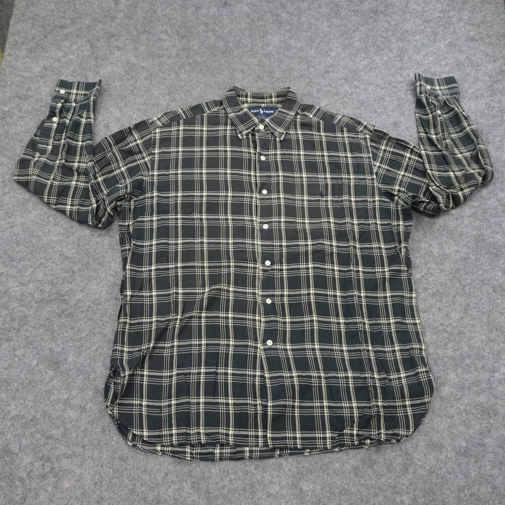 Vintage Polo Ralph Lauren Button Up Shirt Mens Large Black Regular Fit Plaid